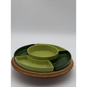Vintage Mid Century Chip & Dip Veggie Green Color Pottery With Wood Turntable